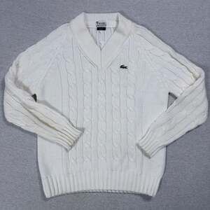 Izod Lacoste Cable Knit V-Neck Sweater Size XL White Acrylic Vintage 70s